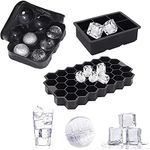 Ashintar 1 Set (3PCS) Silicone Ice Cube Trays, Large Round Ice Ball Mold, Sphere Square Honeycomb Ice Trays for Whiskey Cocktails, Flexible Reusable BPA DIY Icecream Molds for Freezer