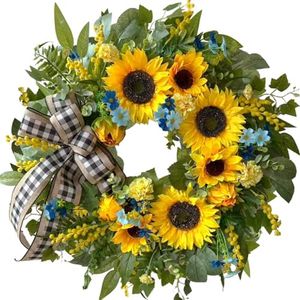 WANNA-CUL 18 Inch Spring Wreaths for Front Door with Yellow Sunflowers,Summer Door Wreath with Daisy and Linen Ribbon,Valentines Day Wreath,Mothers Day Wreath for Wall or Home Decoration