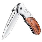 KEXMO Pocket Knife for Men - 3.46" Sharp Blade Wood Handle Pocket Folding Knives with Clip, Glass Breaker - EDC Knives for Survival Camping Fishing Hiking Hunting Gift Women, Sliver