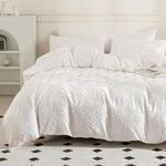 JELLYMONI Ultra-Soft Microfiber 3pcs Tufted Duvet Cover Set, White Boho Textured Bedding Cover Jacquard Rhombus Geometric Pattern Reversible Comforter Cover with Zipper Closure & Corner Ties (Queen)