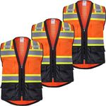 ProtectX 3 Pack Class 2 High Visibility Safety Vest for Men Women, Reflective Vest with Pockets and Zipper, Hi Vis Vest for Work & Construction, Lime Orange-Black - Small