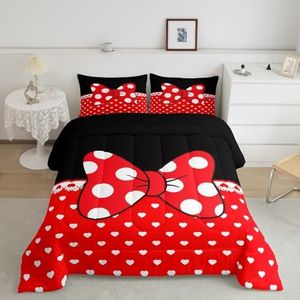 Manfei Bowknot Kids Comforter Set King Size,Bow-tie White Dots Love Heart Romantic Bedding Set,Girls Women Room Decor,Castle Princess Dreamy Down Comforter,Red Black Girly Duvet Insert,2 Pillowcases