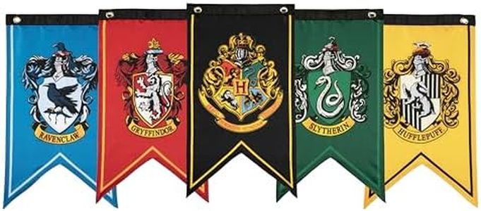 Conquest Journals Harry Potter Wizarding House Banner Official Flag Set, 12'' x 20'' Polyester Flags, Set of 5 Includes Hogwarts Crest, Gryffindor, Slytherin, Ravenclaw & Hufflepuff Banners, Birthday Party