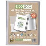 eco-eco A4 Size 50% Recycled 20 Pocket Clear Presentation Display Book, Storage Case Portfolio Art Folder with Plastic Sleeves, eco110