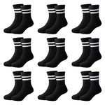 Auranso Toddler Socks 9 Pairs Kids Athletic Cushioned Ankle Crew Socks Black White Grey Striped Cotton School Sports Socks for Boys Girls Junior, 11-15 Years