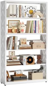 Kubohogar Book Shelf, 5 Tier Metal Bookshelf with Adjustable Shelves, Open Shelf Bookcase for Home Office & Living Room, CD Storage Racks, White 31" Wide