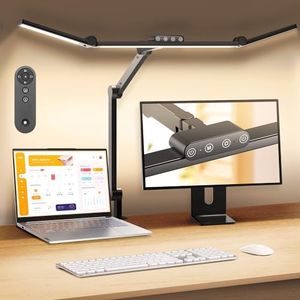 Rimposky LED Desk Lamp, Architect Desk Lamp for Home Office Monitor with Remote, 24W Clamp Desk Light Ultra Bright, Auto Dimming Sensor, Stepless Adjust Study Double-Head Desk Lamp