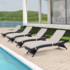Asifom Outdoor Chaise Lounge Chairs Set of 4 with Detachable Cushions, Pool Sunbathing Recliners PE Rattan Patio Loungers Wicker for Outside Porch Backyard Poolside Deck Porch