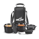 MILTON Pro Munch Tiffin (3 Microwave Safe Inner Steel Containers,180/320/450ml;1 Plastic Chutney Dabba; Steel Spoon) with Insulated Fabric Bag, Black, Leak Proof, Odour Proof, Easy to Carry
