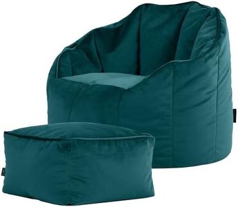 icon Sirena Bean Bag Chair and Bean Bag Footstool, Teal Green, Velvet Accent Chair, Adult Bean Bag Seat and Pouffe with Filling Included, Large Bean Bag, Living Room Furniture