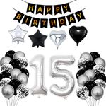 15th Birthday Decorations for Boys Girls Black Silver Happy Birthday Balloons Supplies 15 Birthday Party Set with 15 Sliver Number Balloons Happy Birthday Banner and Foil Star Balloons (15th-birthday)