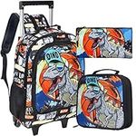 3PCS Rolling Backpack for Kids, Boys Roller Wheels Bookbag, Wheeled School Bag with Lunch Bag - Dinosaur