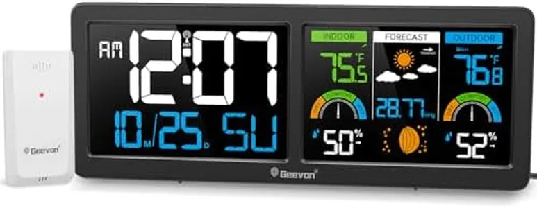 Geevon Weather Stations Wireless Indoor Outdoor Thermometer with Atomic Clock, HD Color Display Digital Temperature Humidity Monitor with Brometer, Comfort Indicator, and Adjustable Backlight
