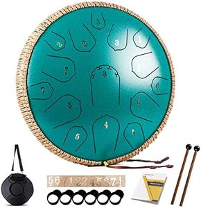 Steel Tongue Drum - HOPWELL 15 Note 14 Inch - Percussion Instrument - Hand Pan Drums with Music Book, Drum Mallets and Carry Bag, D Major, Malachite Green