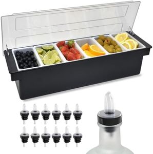 Esatto Bar Products Condiment Holder with 6-1 Pint Inserts Black, Keeps Fruit and Berries Fresher Longer, Additional 12 Pourers, 12 Pourer Covers, 1 Muddler