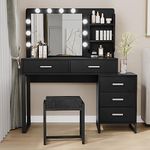 Semiocthome Vanity Mirror with Lights and Table Set 10 LED Lights Makeup Vanity Desk with Storage Shelves and Cushioned Stool, 5 Drawers Large Capacity Dressing Table for Bedroom-Black