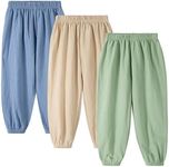 Miipat Toddler Boy Girl Pants 3 Pack Casual Long Jogger Pants Little Kids Basic Elastic Waist Harem Trousers(BlueBeigeGreen,6-7Years)