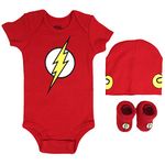 DC Comics Baby Boy's Superman, Wonder Woman, Flash, Batman 3-pc Set in Gift Box Baby Costume, Flash Red, 0-6