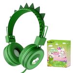 QearFun Dinosaur Headphones for Boys Kids for School,Kids Wired Headphones with Microphone & 3.5mm Jack,Teens Toddlers Noise Cancelling Headphone with Adjustable Headband for Tablet/Smartphones-Green