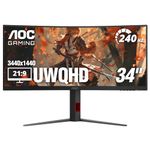 AOC CU34G4Z 34" Curved Ultrawide Gaming Monitor, WQHD 3440 x1440 1500R, 240Hz 0.3ms MPRT, HD400, Display Port x1, HDMI x2, USB 3.2, AMD FreeSync Premium, Height Adjustable, 3-Year Zero-Bright-dot