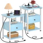 Ecoprsio Nightstand Set of 2, Nightstands with Charging Station, End Table Bedside Table with USB Port, Modern Nightstands with Drawers Storage Shelf, Wood Night Stands for Bedroom, Living Room, Blue