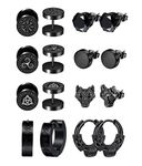 Milacolato 8Pairs Viking Earrings for Men Stainless Steel Norse Viking Stud Earrings Fake Gauges Plug Viking Vintage Huggie Hoop Mens Earrings Wolf Black Stud Earrings Runes Divination Piercing Jewelry 18G Black Wolf Style