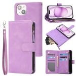 RANYOK Wallet Case for iPhone 15 Plus with Card Holder, Premium PU Leather with RFID Blocking Zipper Flip Folio Wallet Wrist Strap Magnetic Clasp Kickstand Protective Case -6.7 Inch (Purple)