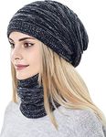 Womens Slouchy Beanie and Scarf Set for Girls Warm Knit Winter Ski Hat with Fleece Lined (Black)