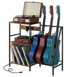 Record Player Stand 3 Tier Vinyl Storage Table with Guitar Holder Rack, Turntable Stand with Charging Station and Record Organizer, Guitar Bass Display Stands for Multiple Guitars Accessories, Brown