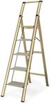 Miscoos 5 Step Ladder, Lightweight Portable Folding Step Stool with Anti-Slip Sturdy and Wide Pedal, 330lb Capacity, Perfect Multi-Use Aluminum Stepladder for Home Kitchen Office, Gold