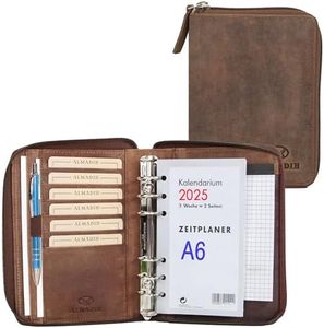 ALMADIH organiseur format A6 en cuir à 6 anneaux + calendrier année 2024 + bloc-notes inclus, marron vintage – Portefolio Porte documents Agenda personnel Timer Chemise de dossier Carnet