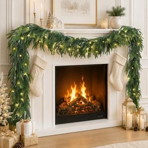 4Pcs 9FT Pre-Lit Christmas Norfolk Pine Garland with Lights Real Touch Prelit Garland Realistic Soft Greenery Garlands for Table Mantle Fireplace Stairs Indoor Outdoor Xmas Decorations