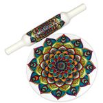 KUVI Printed White Marble Roti Maker with Wooden Belan Enamel Print/White Marble Chakla 10 Inch Diameter with Belan (Printed Enamel Chakla Belan) (Design 3)