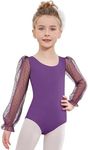 Zaclotre Toddler Ballet Outfit Girls Polka Dots Sheer Mesh Puff Sleeve O-neck Purple Ballet Leotards for Girls