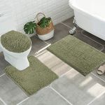 ITSOFT 3pc Non-Slip Shaggy Chenille Bathroom Mat Set, Includes 24 x 21 Inches U-Shaped Contour Toilet Rug, 34 x 21 Inches Bathmat and 1 Toilet Lid Cover, Sage Green