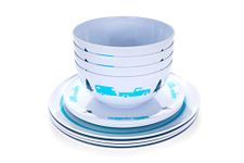 Camco Life is Better at The Campsite Dishware Set | Includes (4) Large Dinner Small Salad Plates and (4) Bowls | Top Rack Dishwasher Safe | Blue Tree and Truck Design (53294)