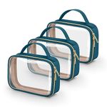 HELZOI TSA Approved Toiletry Bag, 3 Pack Clear Makeup Bags with Handles, Quart Size Clear Toiletry Bags, PVC Clear Cosmetic Bags for Women and Men, Carry on Airport Airline, Til Blue