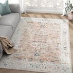 JINCHAN Area Rug 5x7 Rug Vintage Floor Cover Foldable Thin Rug Indoor Retro Blush Pink Floral Print Distressed Carpet Non Slip Kitchen Living Room Bedroom Dining Room