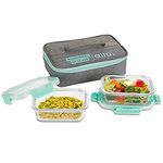 Allo FoodSafe 370ml x 2 Glass Microwave Oven Safe Lunch Box with Break Free Detachable Lock | High Borosilicate | Office Tiffin with Canvas Grey Bag | Set of 2 Rectangle