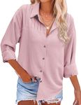 Hotouch Stripe Collared Shirt Womens Casual Long Sleeve Button-Up Collared Textured Lightweight Pleated Blouse Pink XL