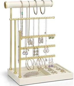 Vlando Jewelry Stand Organizer with Ring Holder Tray,3-Tier Earring Holder organizer,Necklace Holder,Large Capacity Jewelry Display Stand for Necklace,Bracelets and Watches,Room Decor,Beige