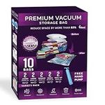 iNest Vacuum Storage Bags for Cloths - Pack of 10 (2 Jumbo, 2 Large, 2 Medium, 2 Small, 2 Roll-Up Bags with Pump) for Clothing, Bedding, Pillows, Quilts for Home and Travelling and Its Reusable