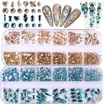 BELICEY Nail Art Rhinestones Gold Blue Flatback Round Rhinestones Charms Nail Gem Stones with K9 Bling Glass Crystals Diamonds Jewelry for Nail Design DIY Crafts Face Decoration