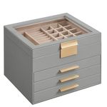 SONGMICS Jewellery Box with Glass Lid, 4-Layer Jewellery Organiser with 3 Drawers, Jewellery Storage, Plenty of Storage, Modern, Gift Idea, 20.3 x 23.1 x 16.5 cm, Dove Grey and Gold JBC173G01