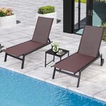 MELLCOM Patio Lounge Chair with Wheels, Outdoor Lounge Chairs Set of 2 with Adjustable Backrest, Waterproof Textilene Pool Lounge Chairs with Side Table for Patio Poolside Deck, Brown