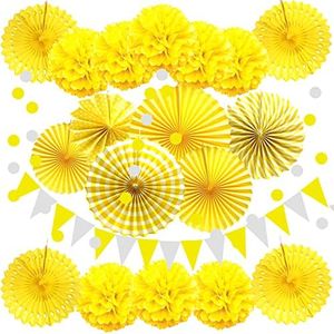 Zerodeco, Confezione da 21 Decorazioni per Feste da Appendere, di Colore Giallo, con ventagli di Carta, Pompon Floreali, festoni a Pois e bandierine triangolari