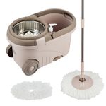 Amazon Brand – Presto! Clean Steel Spin Mop | Plastic & Stainless Steel | 2 Microfiber Refills | Big Wheels with Drag Handle | 360° Spin | Telescopic Handle | Chestnut
