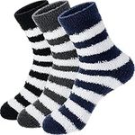 3 Pairs Men Fluffy Slipper Socks Elasticity Winter Fuzzy Socks Thermal Comfy High Warm Bed Socks Soft Fleece Sleeping Socks Thick Cozy Sock Presents for Men Home Room, Size UK 6-11 (Striped Style)