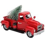 BELLE VOUS Vintage Red Truck Christmas Ornament - 17cm / 6.7 Inches - Metal Christmas Tree Pickup Car Model with Xmas Tree - Farmhouse Truck Table Centrepiece Decoration/Fireplace Shelf Decor