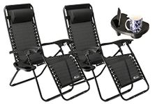 SUNMER Set of 2 Sun Lounger Garden Chairs With Cup And Phone Holder - Deck Folding Recliner Zero Gravity Outdoor Chair - Black/Black